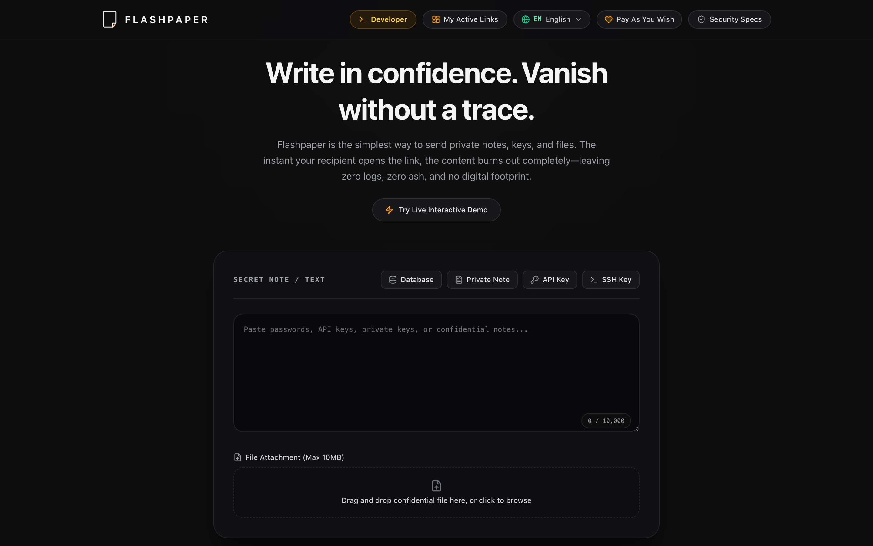 Página de inicio de Flashpaper — escriba con confianza, desaparezca sin dejar rastro
