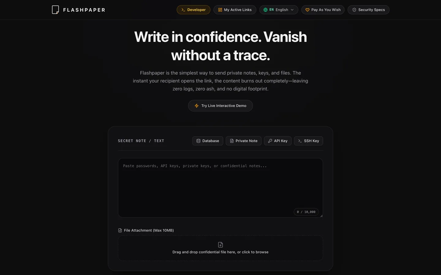 Flashpaper landing page: write in confidence, vanish without a trace